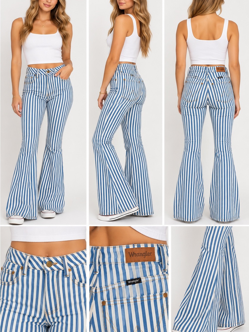 Wrangler Women’s Blue & White Striped Flare Jeans Retro Bell Bottom Pants 2x32